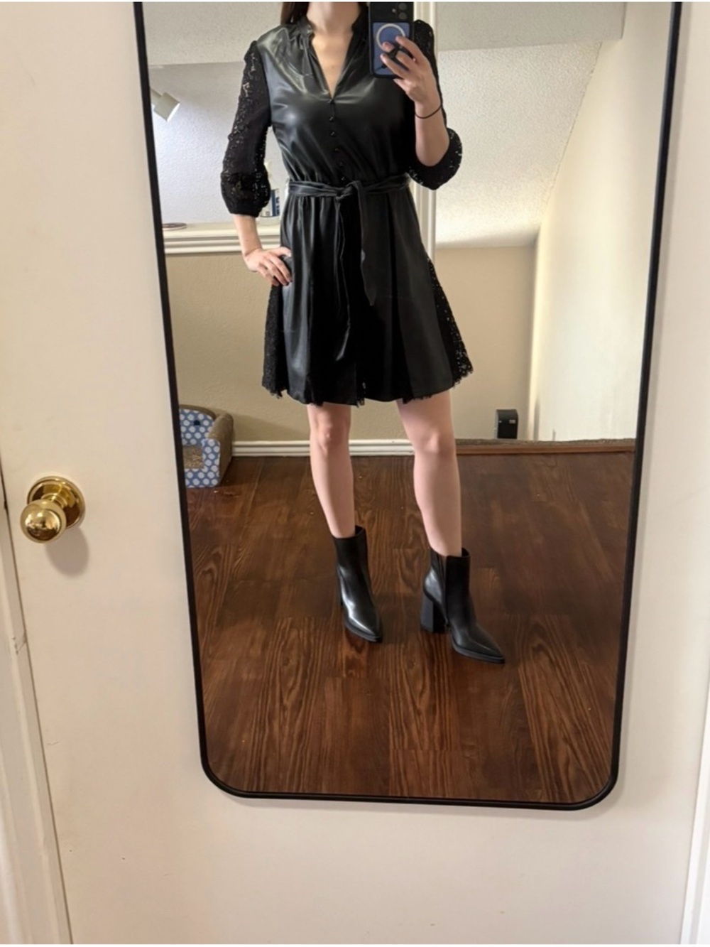VENUS Black Faux Leather Trim Dress